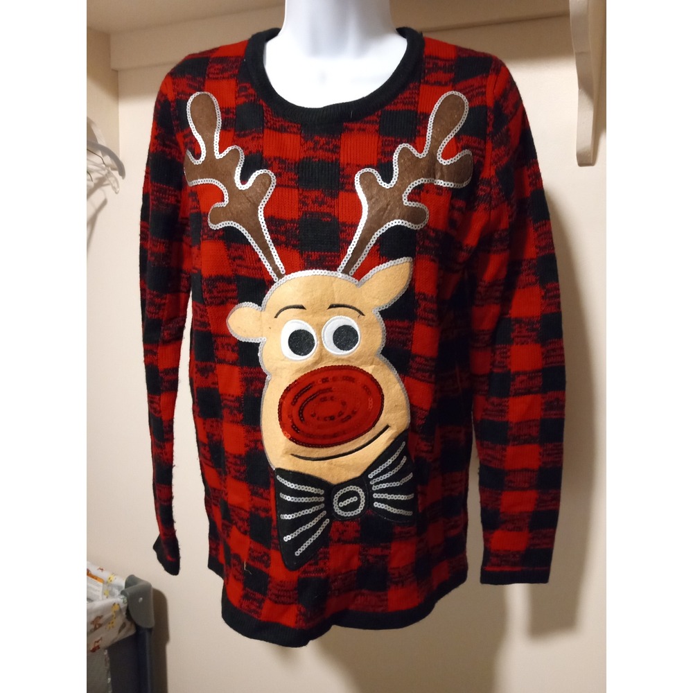 Womens Red Black Buffalo Plaid‎ Reindeer Christmas Sweater Size S Holiday time